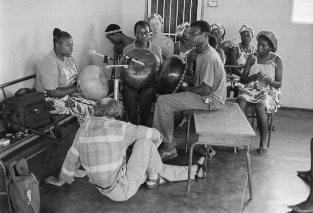 Ethnomusicologist Paul Berliner records the Chigamba family ensemble, Mhembero, at Zororo Community Center in Highfield, Harare